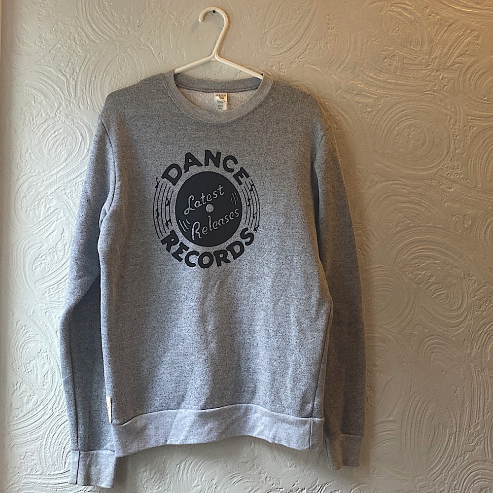 Grey Heather Women’s Size M sweatshirt with “Dance Records” print in black.